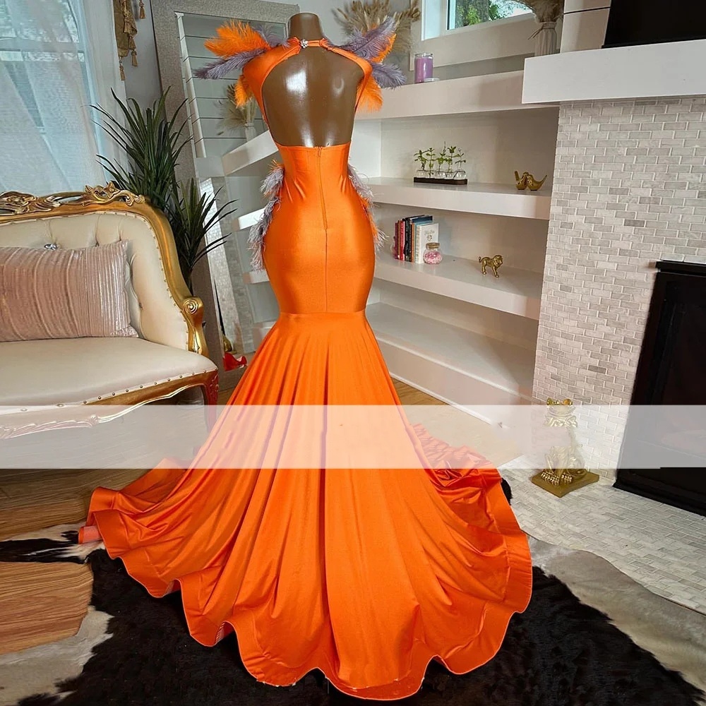 Orange Elegant Mermaid Prom Dresses With Feathers Black Girls Beaded Crystal Gala Met Party Gown Sexy Formal Evening Dress