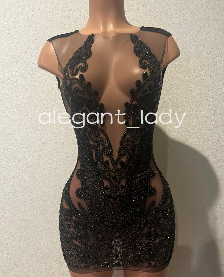 Little Black Dress Sparkly Short Prom Party Dresses for Black Girl Luxury Diamond Crystal Sheer Mesh Birthday Gala Gown 2024 evening