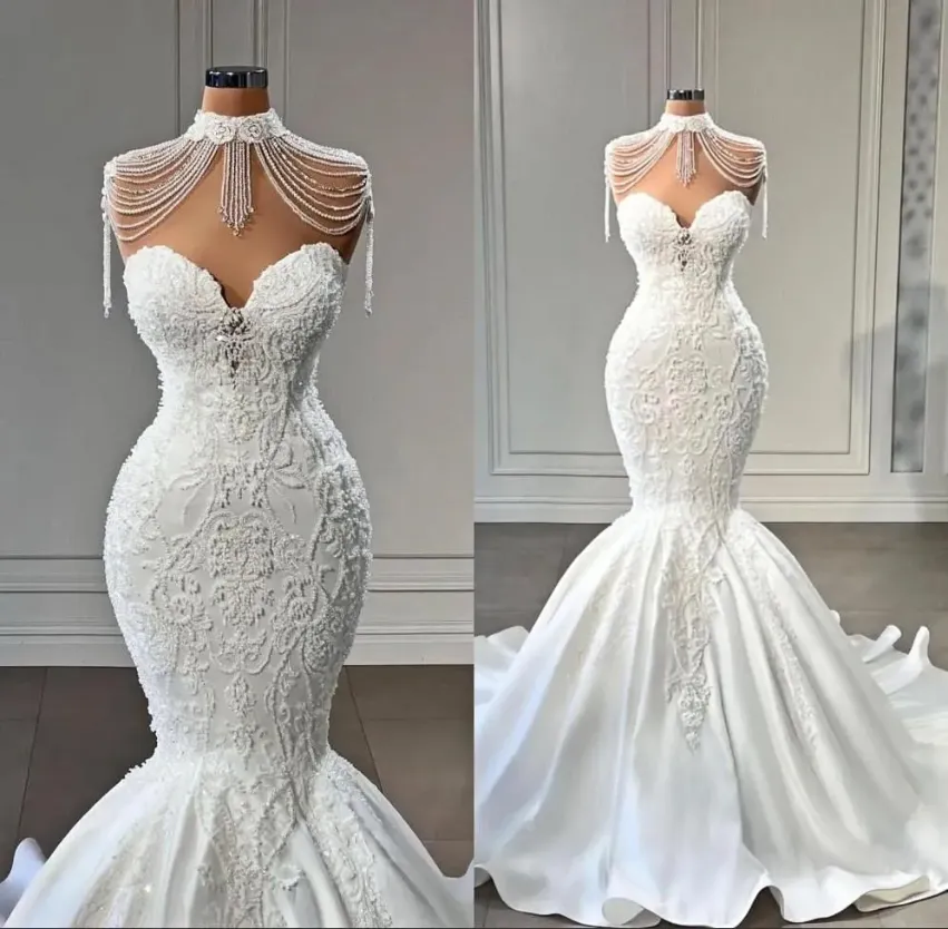 Elegant Sweetheart Lace Mermaid Wedding Dresses Embroidery Beaded Sweep Train Arabic Bridal Gowns BC 6660306