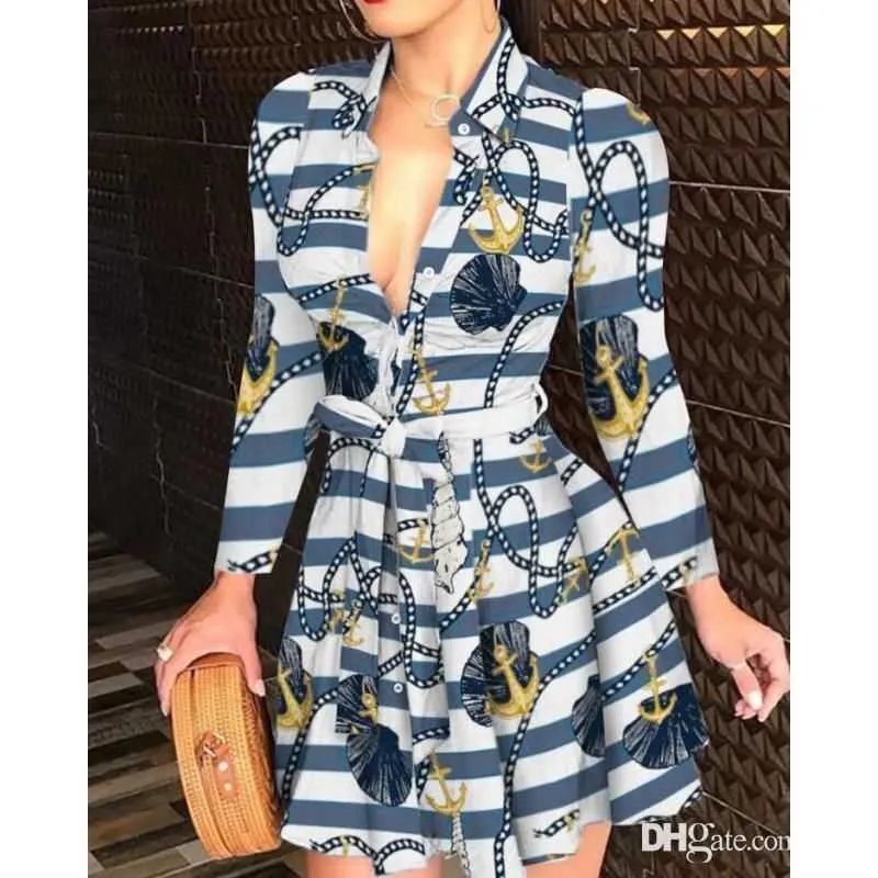 Plus Size Bandage Shirt Womens Lace-Up Button Down Chain Print Lapel Neck Party Dress 3XL Spring Summer Fall Fashion C260311