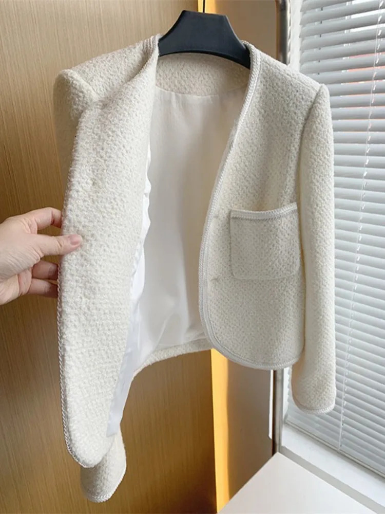 Autumn Winter Korean Fashion Black White Tweed Jackets Coat Women Elegant Two Pockets Golden Single Breasted Woolen Outerwear 240309