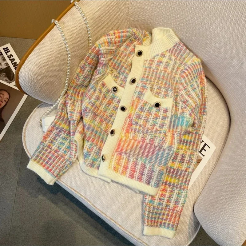 Sandro Rivers Autumn Loose Rainbow Striped Knitted Cardigan Sweater Women Long Sleeve Mixed Color Single Breasted Pockets Top 240228