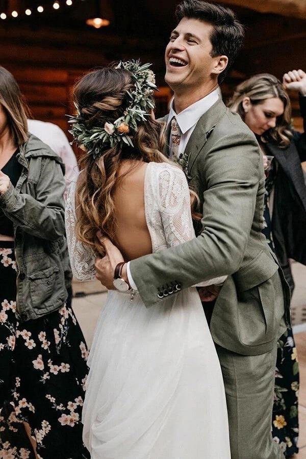 Western Country Forest Garden Wedding Dresses Sexy Backless A e Long Sleeve Lace Chiffon Bridal Gowns BC18358