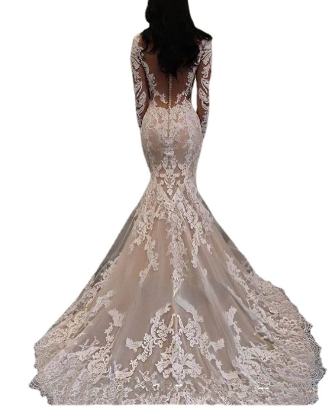 New Illusion Long Sleeves Lace Mermaid Dresses Tulle Applique Court Princess Wedding Bridal Gowns With Buttons Lz0304