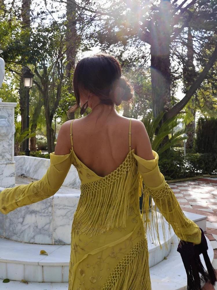 Casual Dresses Spring Elegant Green Tassel Irregular Print Dress Women V-neck Long Sleeve Spaghetti Vestidos Female Fashion High Street Robe