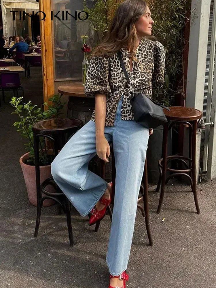Fashion Leopard Print Lace Up Bow Shirt Women Elegant Puff Short Sleeve Oneck Blouse 2024 Summer Allmatch Female Tops 240301