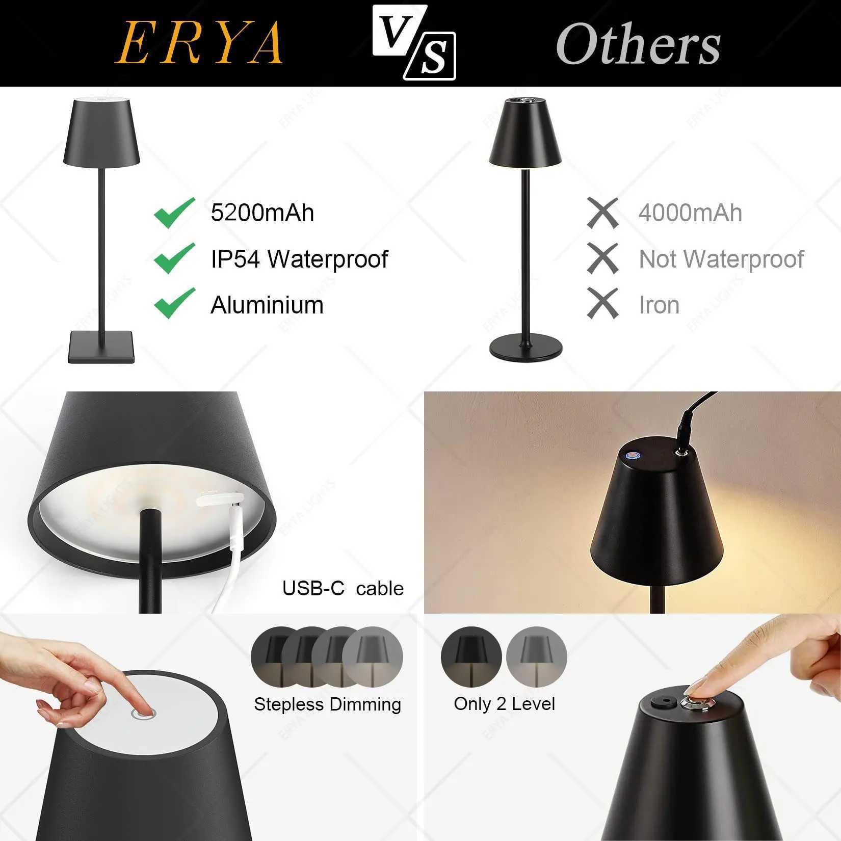 Lamps Shades Cordless Table Lamp Dimmable Bedside Lamp Restaurant Atmosphere Lighting for Indoor and Outdoor Metallic Black L240311