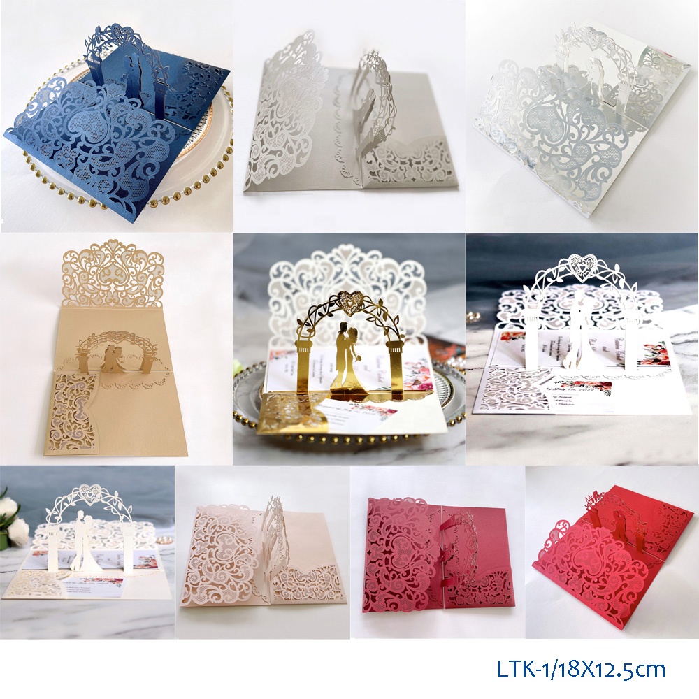 3D Bride Groom Paper Art Three Folding Pocket Card Wedding Party Invitation Cards Envelope Set 2502