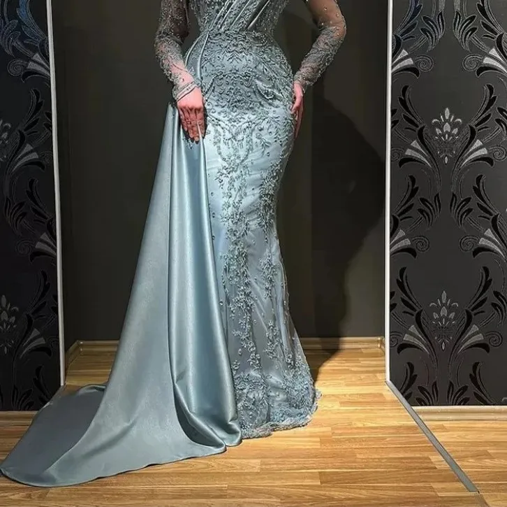 Arabic Dubai Turkish Long Sleeves Women Evening Dresses Mermaid V Neck Overskirts Ruched Satin Formal Occasion Party Gowns Embroidery Lace Beaded Vest