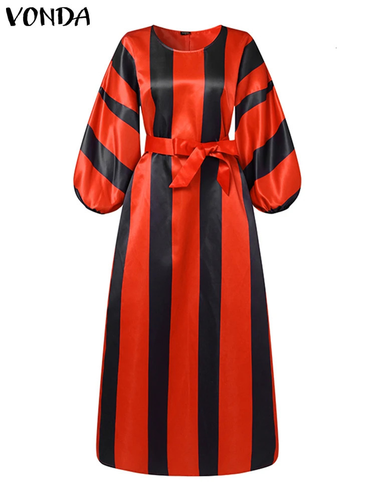VONDA Bohemian Stripe Long Dres Casual Printed Maxi Sundress 2024 Autumn Lantern Sleeve Loose Belted Party Vestidos 240308