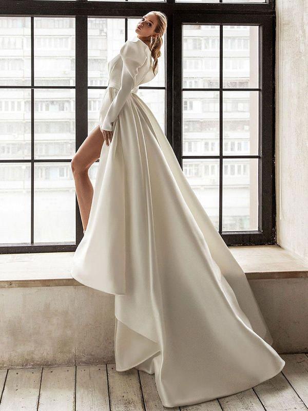 White Elegant Ivory Satin Wedding Dresess A E Long Sleeves V Neck Front Split Formal Bridal Gowns With Belt BC