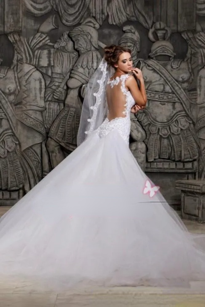 Lace Wedding Dresses Sexy Illusion Back With Detachable Train Ivory Tulle Mermaid Spring Berta Bridal Gowns Custom Made H 6660305