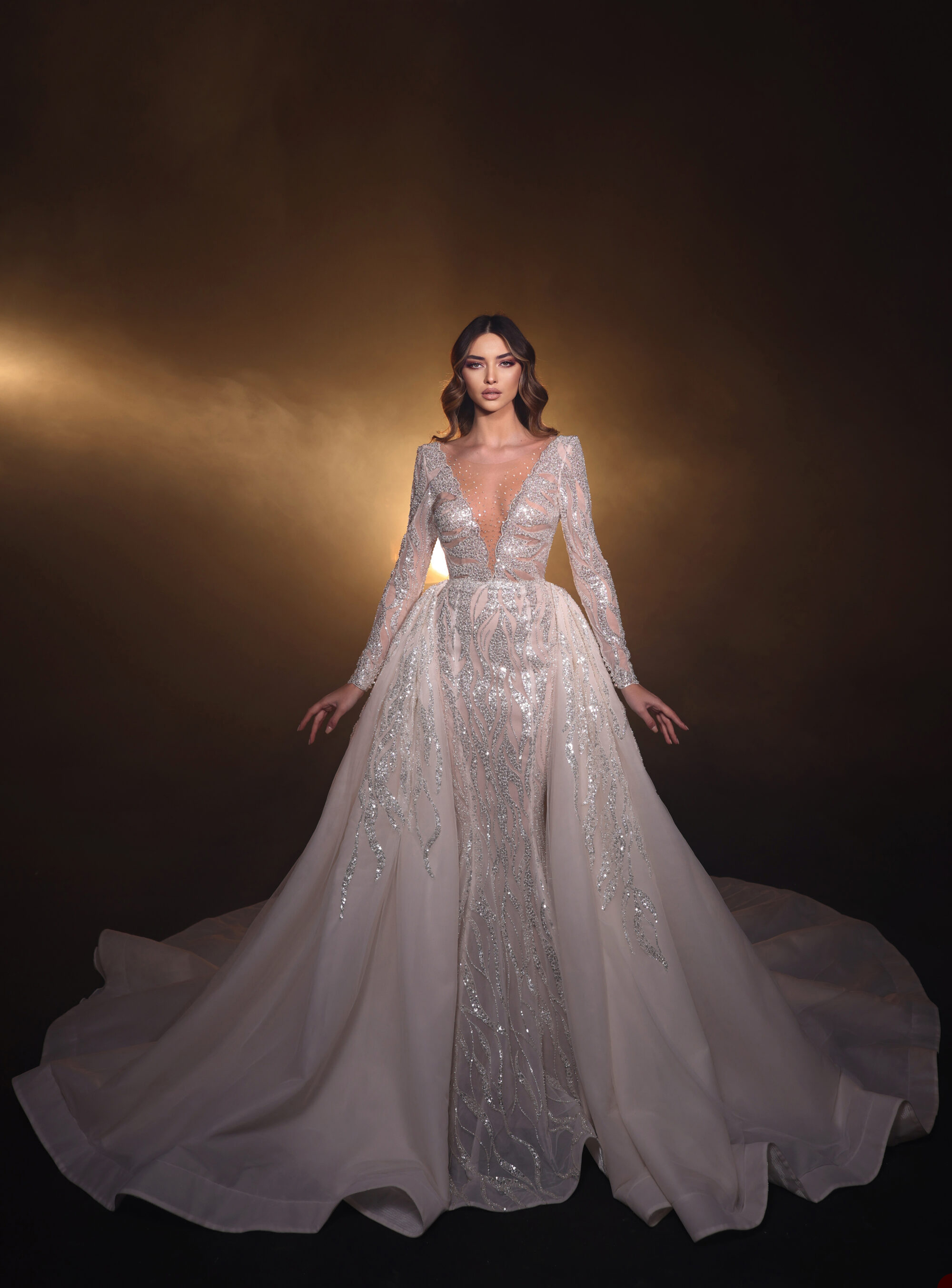Glitter Sequins Wedding Dress Deep V Neck Mermaid Bridal Gowns with Detachable Train Backless Bride Dresses Sweep Train Custom Made
