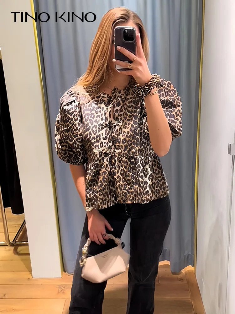 Fashion Leopard Print Lace Up Bow Shirt Women Elegant Puff Short Sleeve Oneck Blouse 2024 Summer Allmatch Female Tops 240301