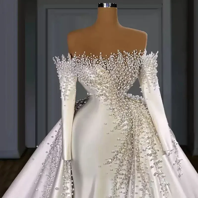 Urious Satin Wedding Dresses With Pearls Beads Elegant One Shoulder A E Bridal Gowns Pleats Ruffles Long Vestidos De Novia 0227Lz