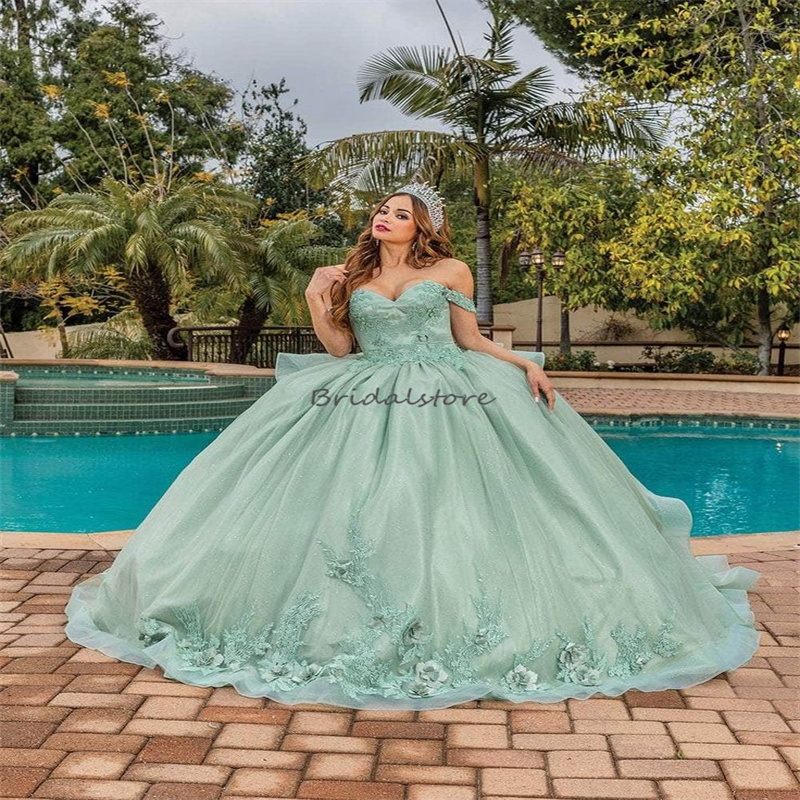 Gorgeous Green Vestidos De 15 Anos Quinceanera 2024 Princess Off Shoulders 3D Florals Sixteen Birthday Dress Elegant Pageant Vestido De Xv Para Sweet 