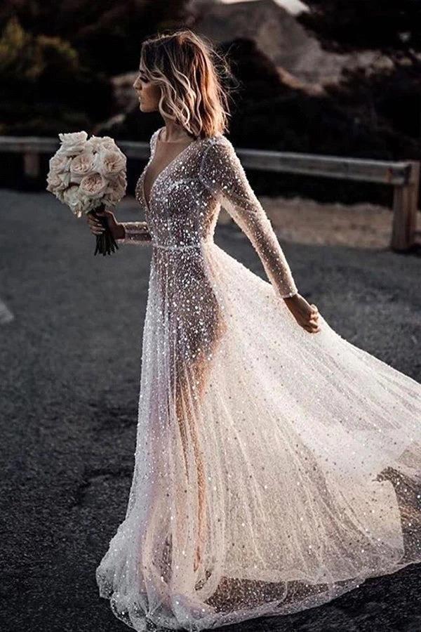 Sparkle Sequined Summer Beach Bohemian Wedding Dresses Sexy Backless V Neck Long Sleeve Sheer Look Bridal Gowns Bc18356 0213