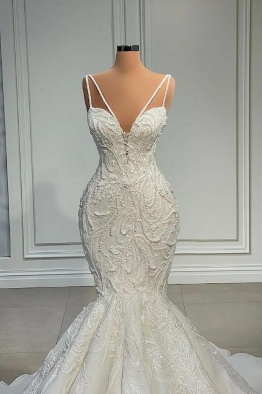 Lace Gorgeous Mermaid Wedding Dresses Sexy Spaghetti Straps Backless Beads Appliques Ruched Long Bridal Gowns Robe De Ma