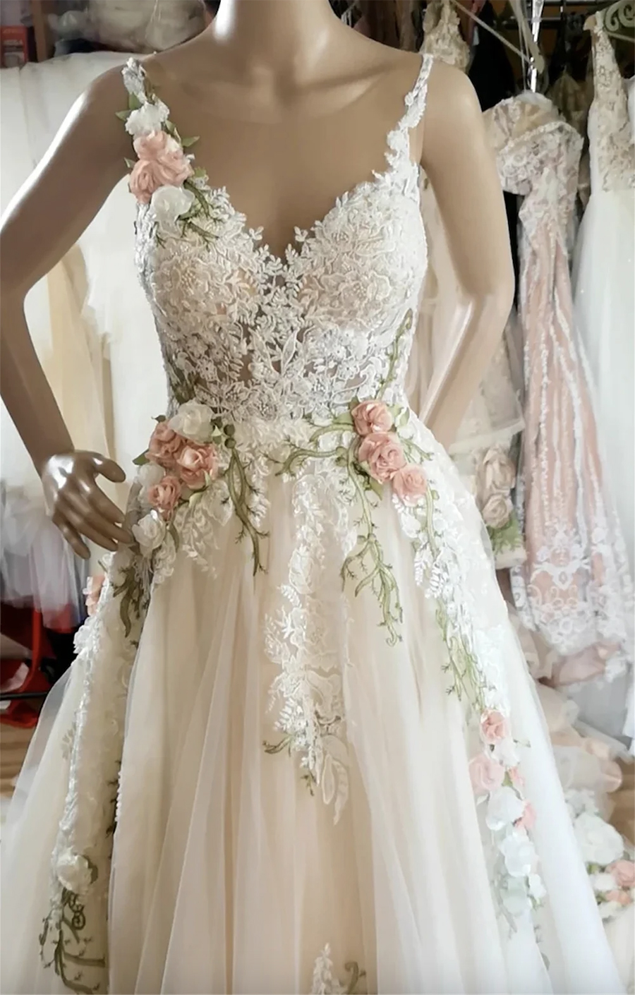 3D ral Applique Sleeveless V-neck Tulle a-e Dresses for Women Bridal Wedding Gowns Formal Ocn