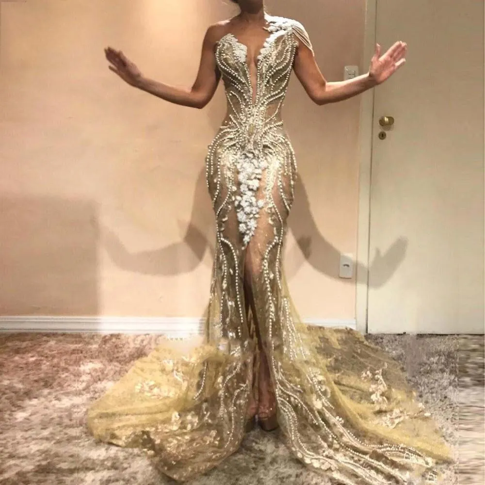 New Illusion Mermaid Evening Dresses With Sheer Jewel Neck Mor Beading Pearls Front Split Prom See Through Tail Dress Dubai 6660306