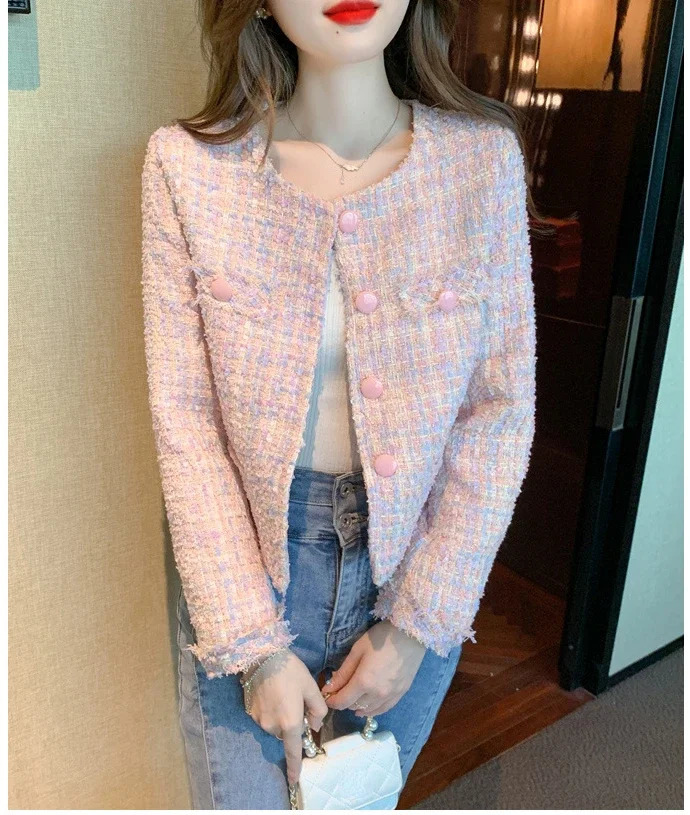 Womens Jacket Autumn Winter Pink Tweed Small Fragrance Coat Short Korean Fashion Advanced Sense Temperament Tops 240307
