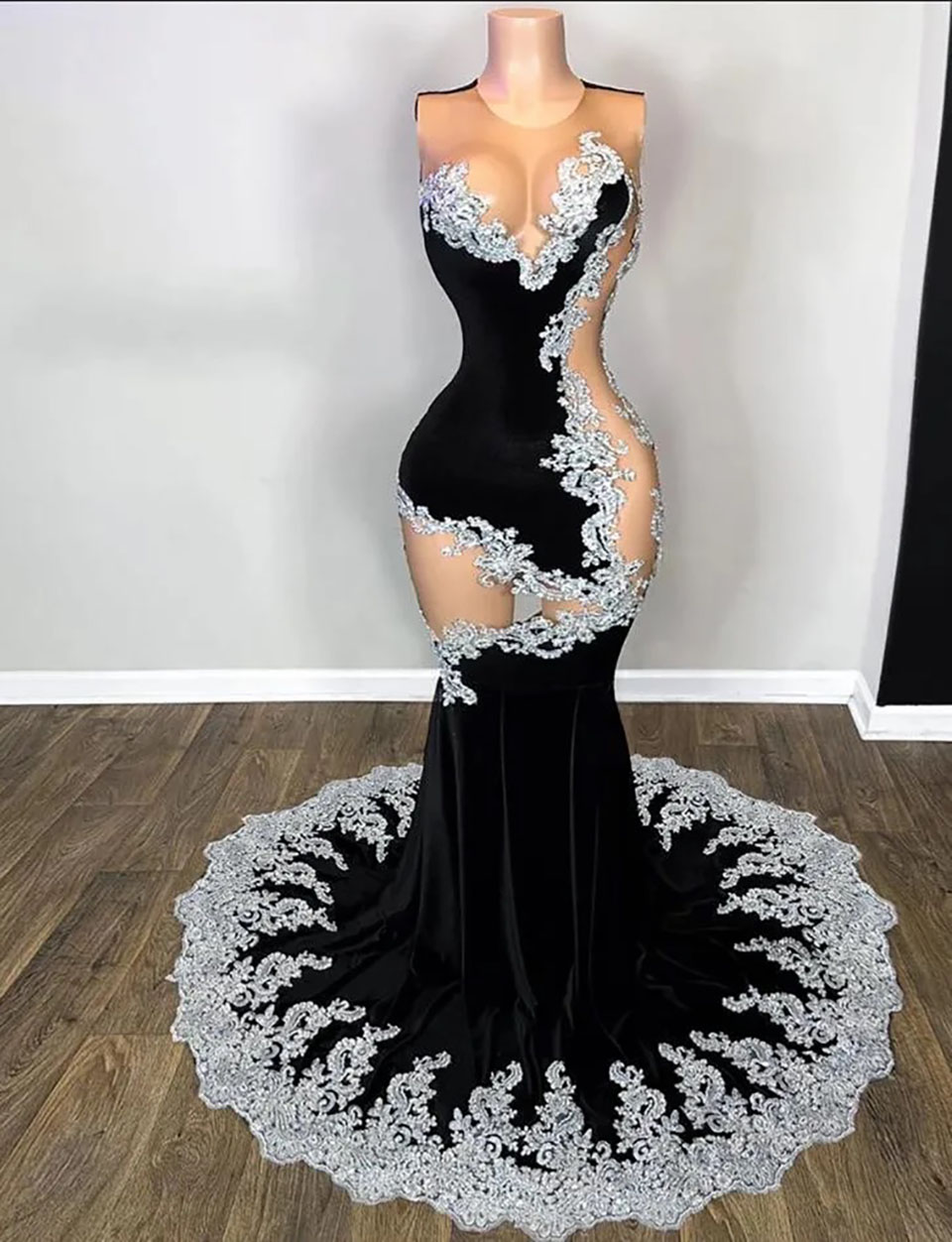 Prom Dresses Party Evening Gown Mermaid Formal O-Neck Sleeveless Velvet Black Custom Zipper Lace Up Plus Size New Illusion