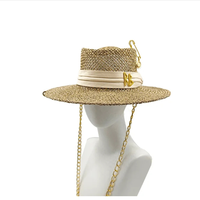 Women's Chain Straw Hat French Hat Letter Accessories Lafite Grass Summer Stripe Sun Hat Punk Style Straw Hat