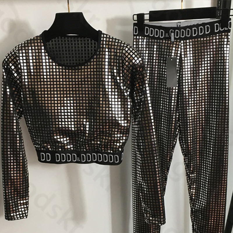 Gold Check Print Tracksuit Women Slim Long Sleeve Tights Fashion Stretch Leggings Sexy High Waisted Sweatpants