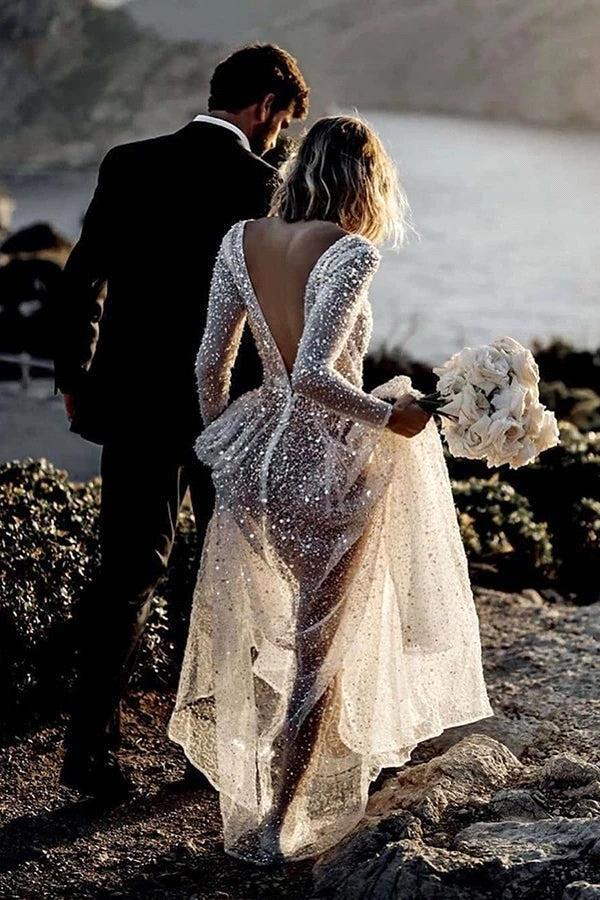Sparkle Sequined Summer Beach Bohemian Wedding Dresses Sexy Backless V Neck Long Sleeve Sheer Look Bridal Gowns Bc18356 0213