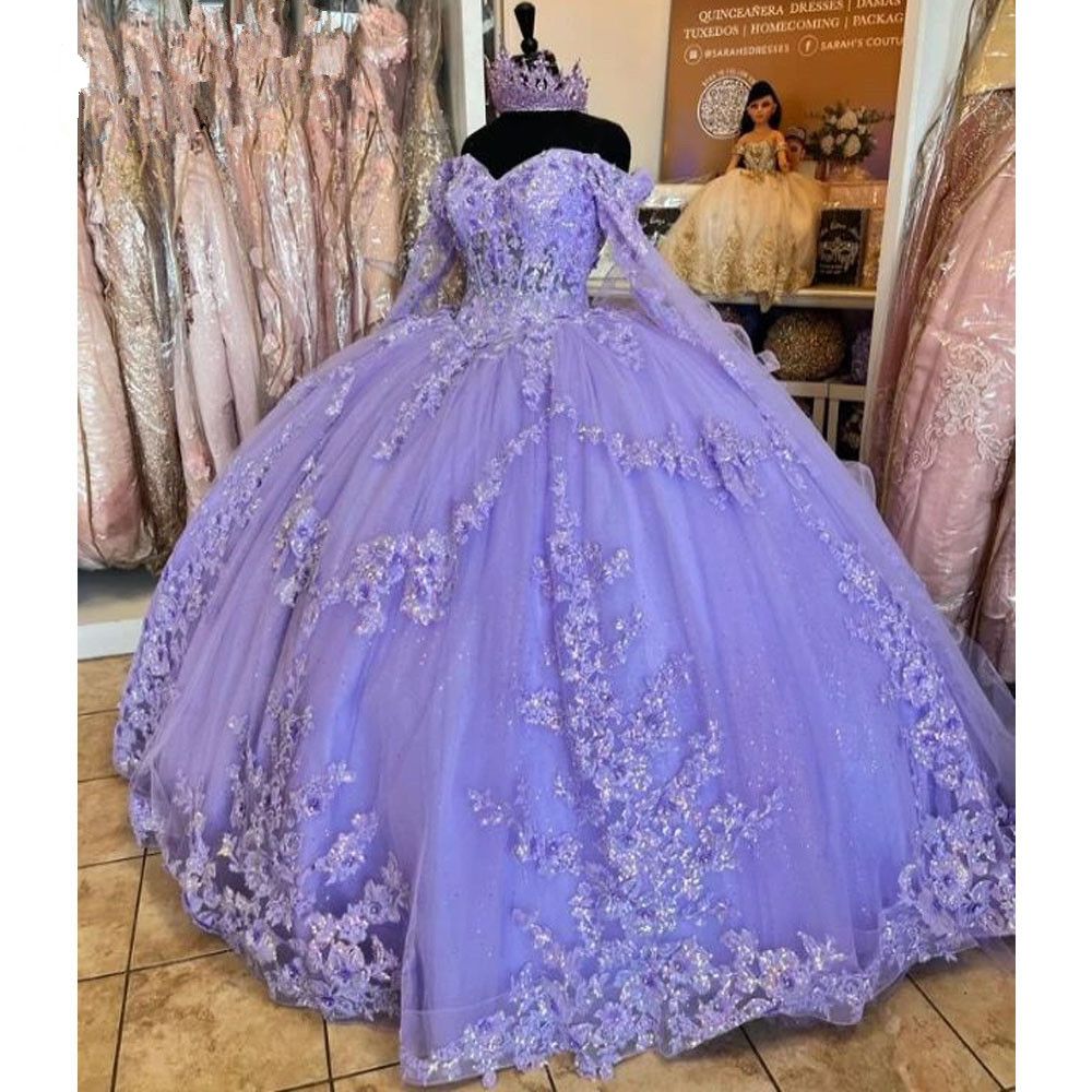 2024 Lilac Lavender Quinceanera Dresses Off Shoulder Long Sleeves Lace Appliques Crystal Beads Tulle Ruffles Ball Gown Guest Dress Evening Prom Gowns 