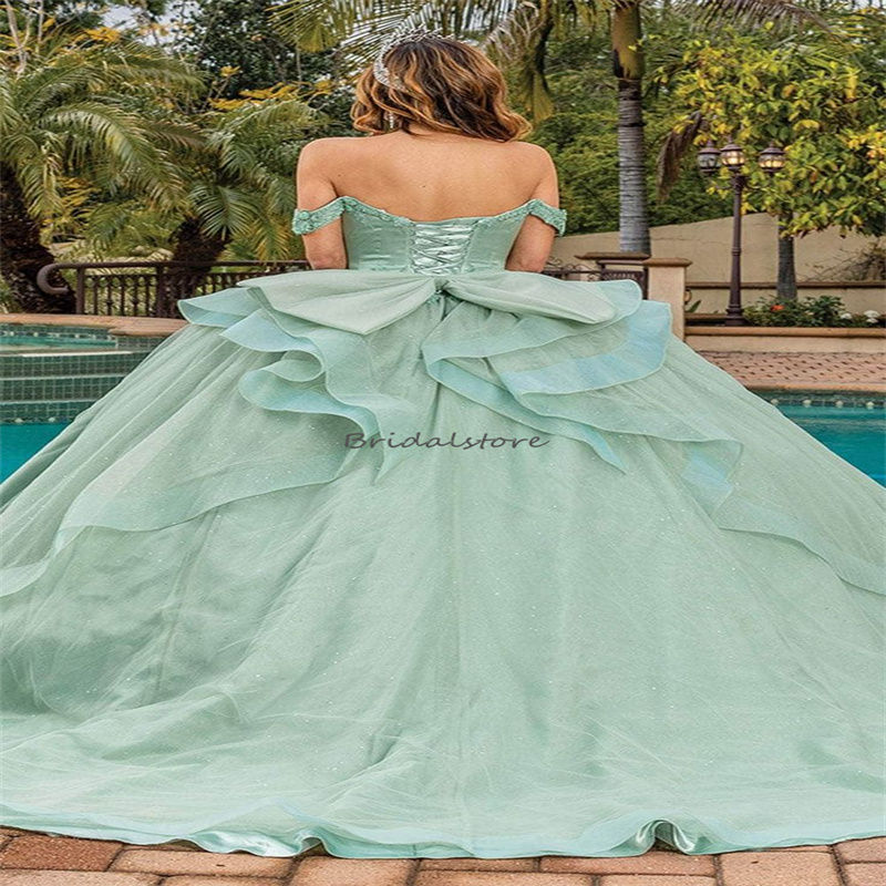 Gorgeous Green Vestidos De 15 Anos Quinceanera 2024 Princess Off Shoulders 3D Florals Sixteen Birthday Dress Elegant Pageant Vestido De Xv Para Sweet 