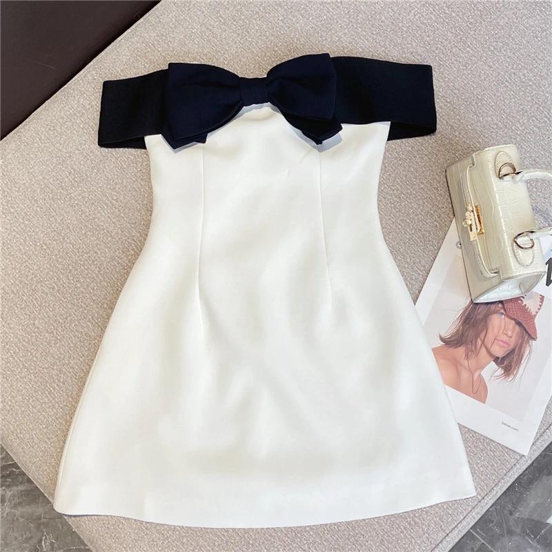 Casual Dresses 2024 Summer Arrival High Street Elegant Strapless Dress Womens Black And White Contrast Bow Knot Slim Fit Sexy