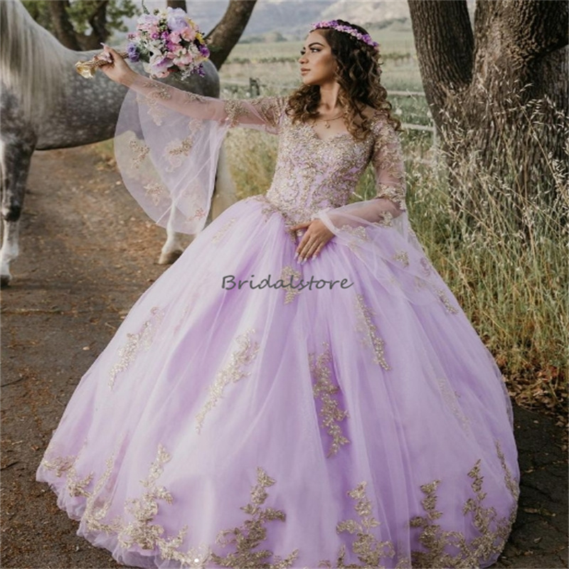 Fairy Light Purple Vestidos De 15 Quinceanera 2024 Princess Fuff Sleeves V Neck Pageant Appliques Lace Birthday Prom Dress ELegant Debutante Sixteen P