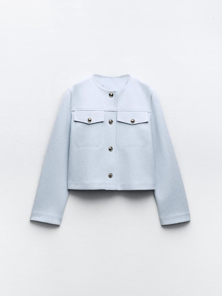 RR3115 Fashion Tweed Jacket Women Autumn Winter Long Sleeve Single Breasted Cropped Coat Female Solid Oneck Pocket Outwear Top 240307