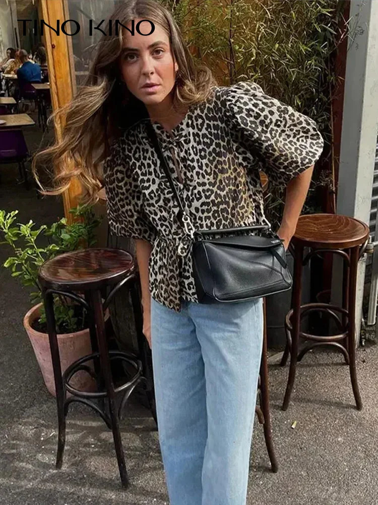 Fashion Leopard Print Lace Up Bow Shirt Women Elegant Puff Short Sleeve Oneck Blouse 2024 Summer Allmatch Female Tops 240301