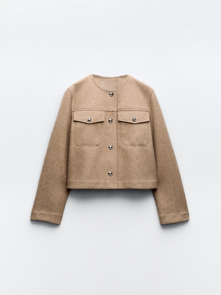 RR3115 Fashion Tweed Jacket Women Autumn Winter Long Sleeve Single Breasted Cropped Coat Female Solid Oneck Pocket Outwear Top 240307