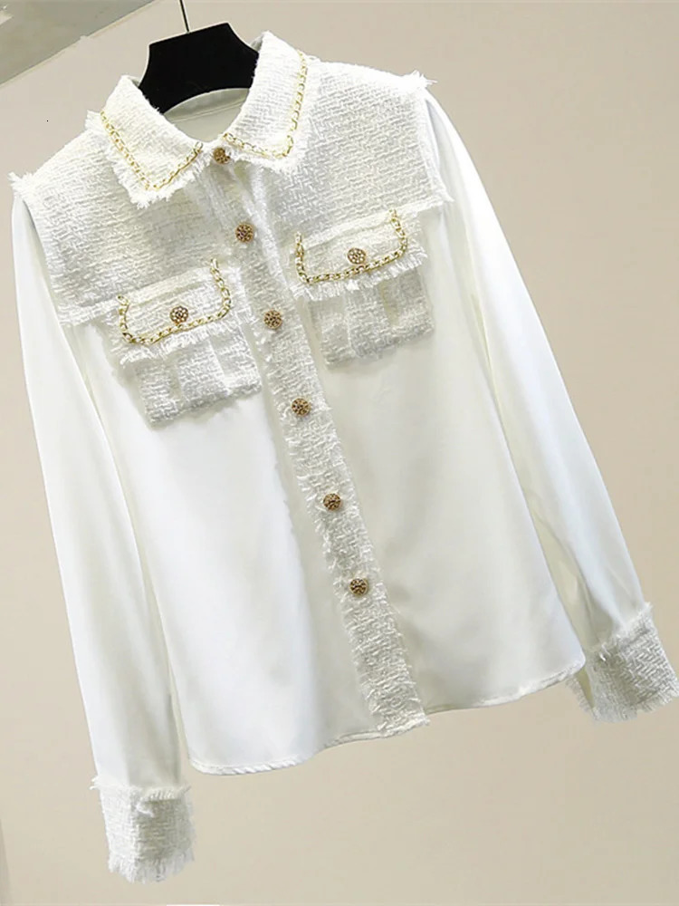 Spring Summer Tweed Patchwork Chiffon Shirt Blouse Women Vintage Long Sleeve Gold Chain Pearls Weave Tassels Pocket Tops 240301