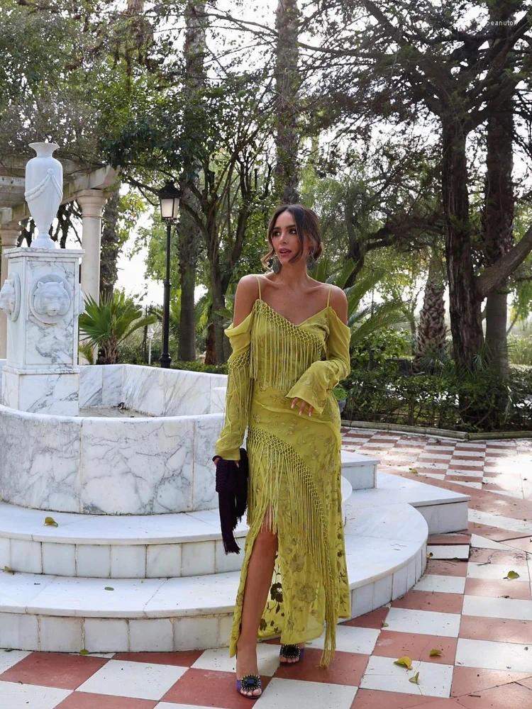 Casual Dresses Spring Elegant Green Tassel Irregular Print Dress Women V-neck Long Sleeve Spaghetti Vestidos Female Fashion High Street Robe