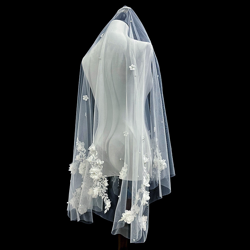 Bridal Veil Lace Edge Women's Short Veil With Comb 3D Flowers Bridal Veil For The Church Veu