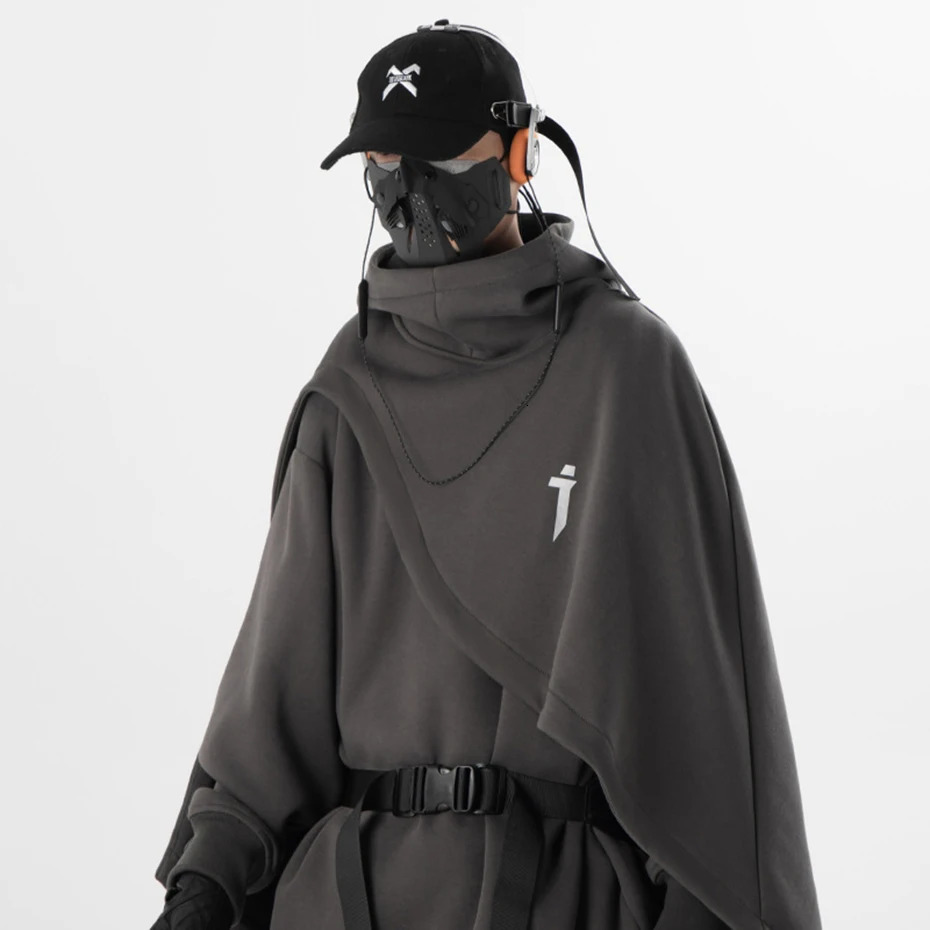 ARENS Fashion Cloak Hoodies Men Techwear Streetwear Hoodie Pullovers Black Gray Darkwear Oversized High Collar Sweatshirt Unisex 240307
