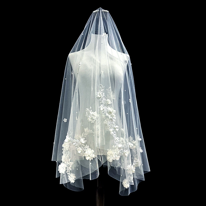 Bridal Veil Lace Edge Women's Short Veil With Comb 3D Flowers Bridal Veil For The Church Veu