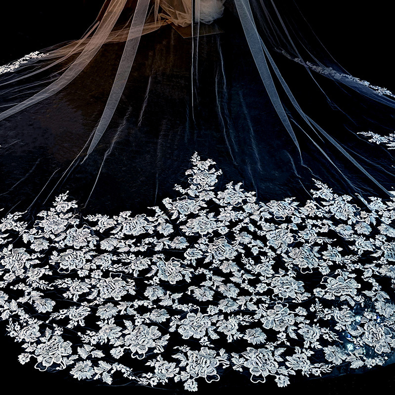 Gorgeous Cathedral Wedding Veils Lace Appliqued Edge Soft Tulle Hair Accessories Long Floral Bridal Veil With Comb