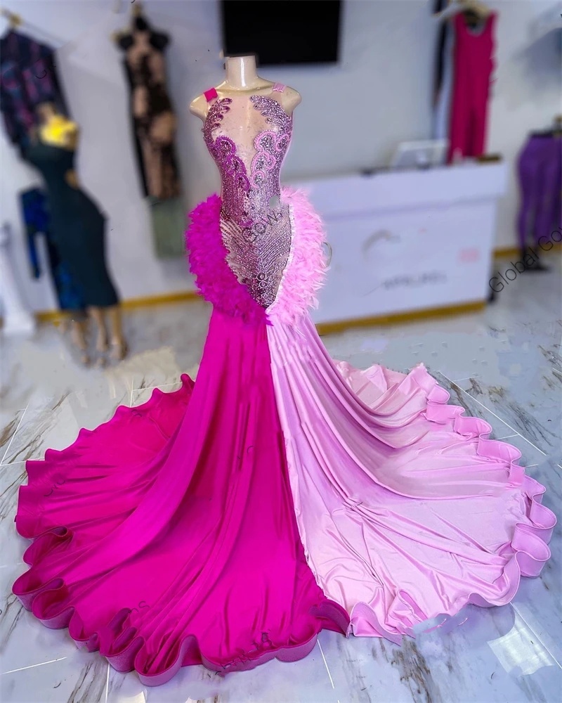 Colors Pink Glitte Two Sheer O Neck Long Prom Dress For Black Girls Beaded Crystal Tassel Birthday Party Dresses Mermaid Feathers Es