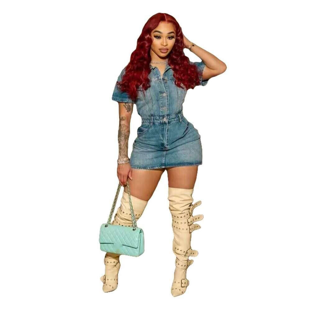 Denim Dress Vestidos Short Sleeve Single Breasted Turn-down Collar Jeans Bodycon Mini Skirt 2024 Spring Fashion Pencil Chic Midi Dresses