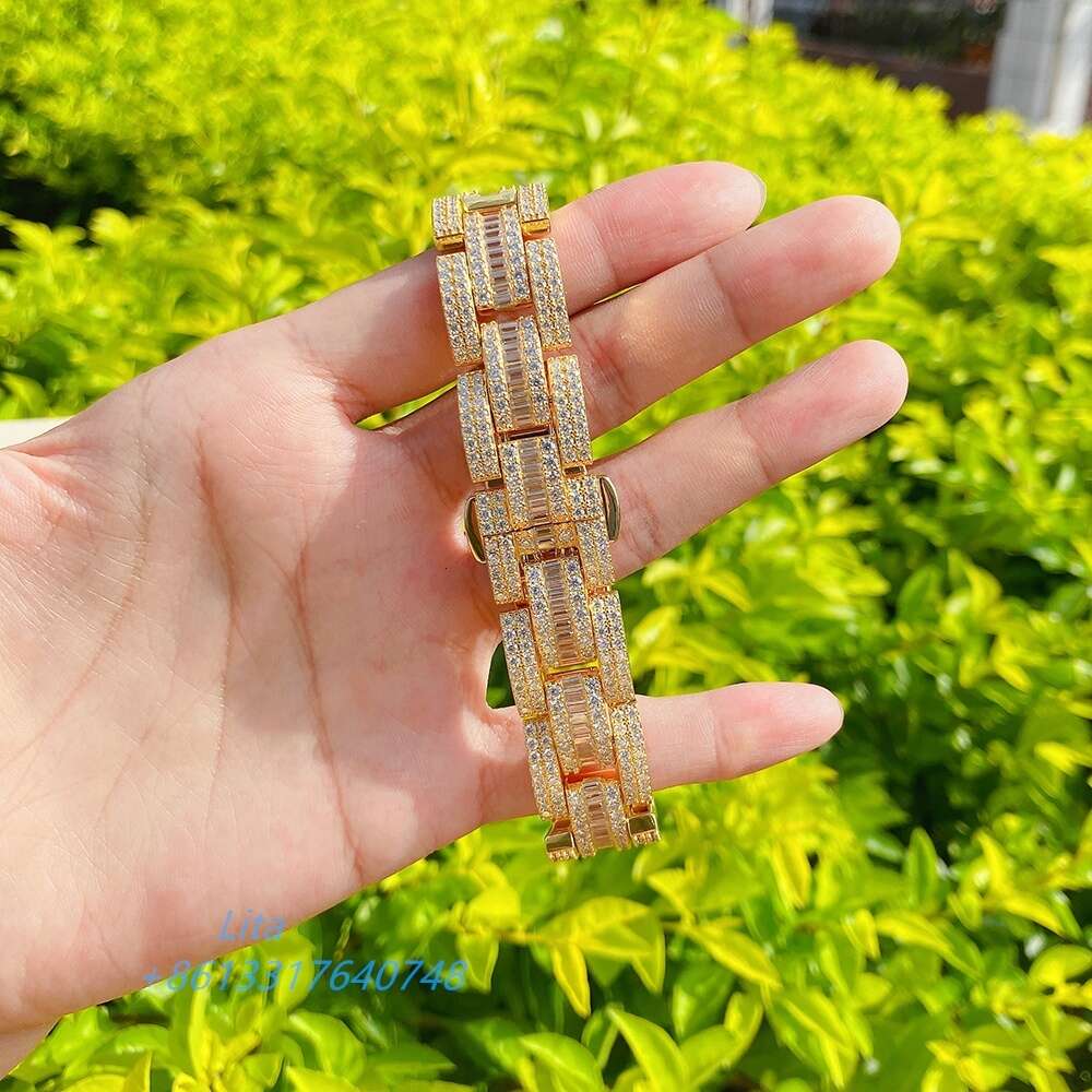 Luxury Jewelry Hip Hop Baguette Vvs Moissanite Watch Band Iced Out Men Cuban Link Bracelet Chain