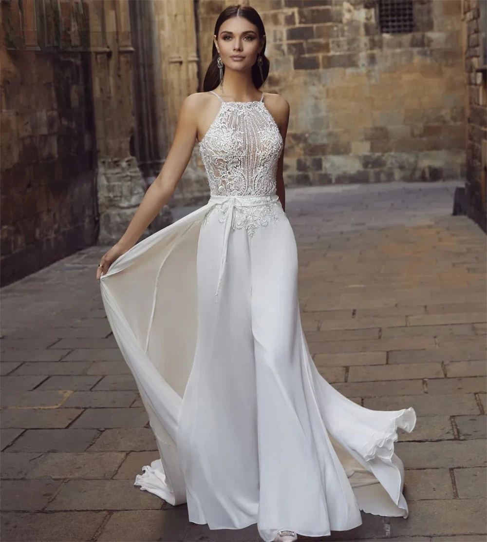 Sexy Sleeveless Chiffon Jumpsuits Wedding Dresses Lace Appliques Beading Sequins Spghetti Open Back White Long Boho Bridal Gown With Detachable Train 