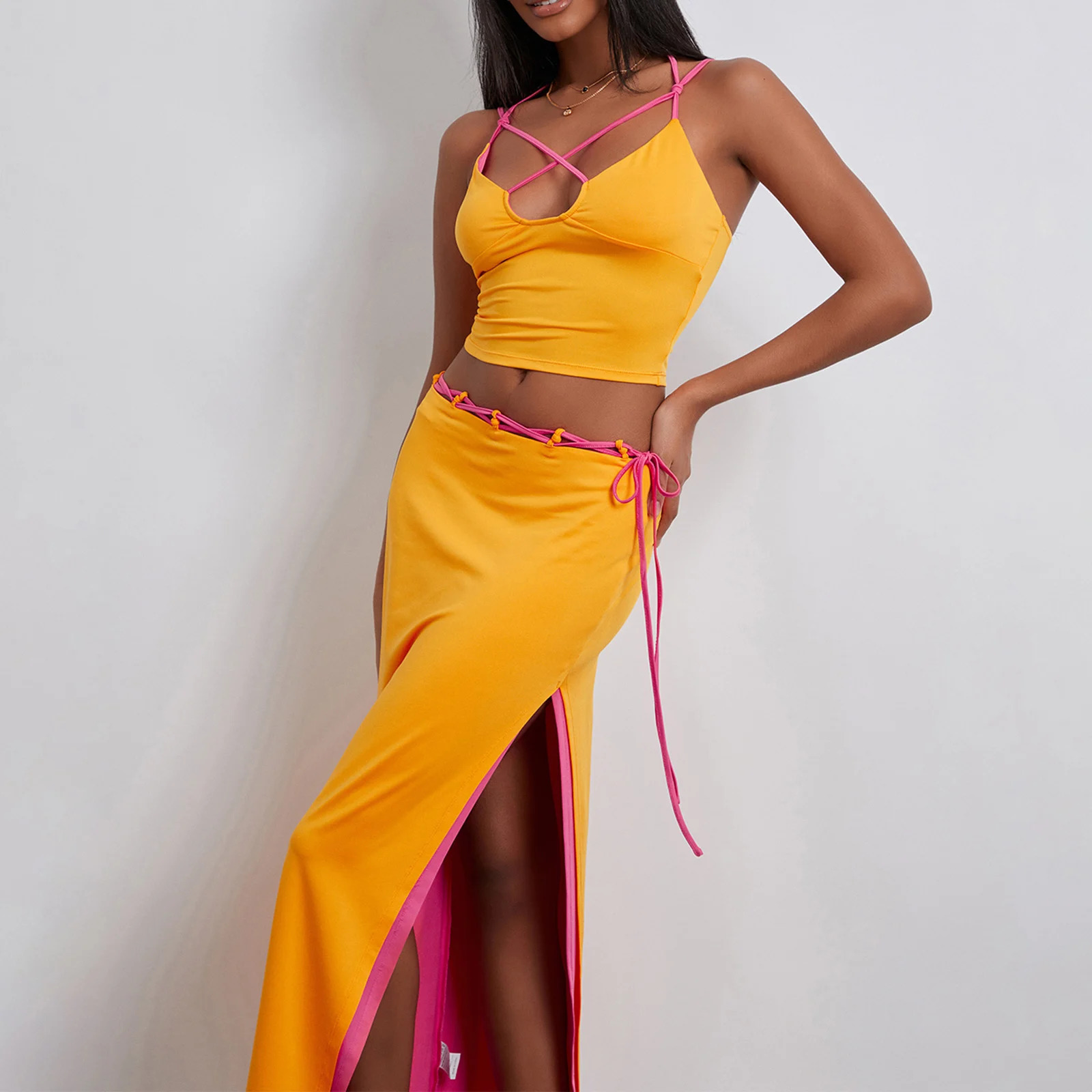 Womens Two Piece Summer Outfits Sleeveless Spaghetti Strap Halter Tops and Long Skirt Set Beachwear 240229