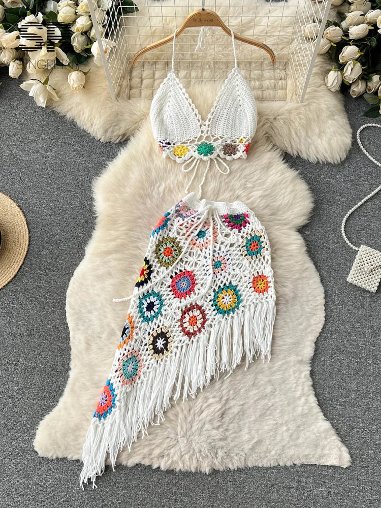 SINGREINY Bohemian Two Piece Knitted Sets Summer Hook Hollow Out Camisole Floral Irregular Tassel Skirt Sexy Beach Style Suits 240309