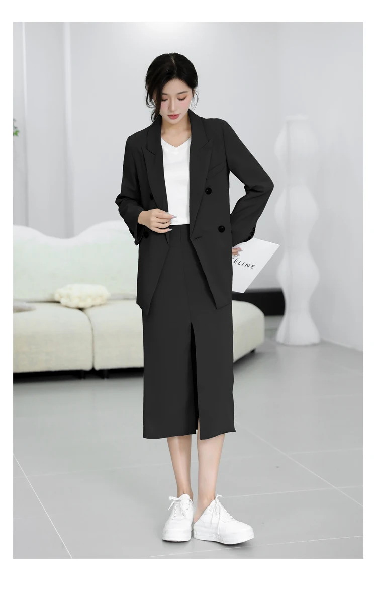 Spring and Autumn Solid Color Skirt Suit Female Longsleeved Doublebreasted Blazer High Waist Open Pencil 240226wtt