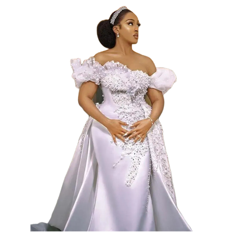 Luxury White Mermaid Wedding Dresses Pearls Beaded Off Shoulder Long Satin Bridal Gowns With Detachable Skirt Ruffles Ruched Modern Chic Arabic Africa